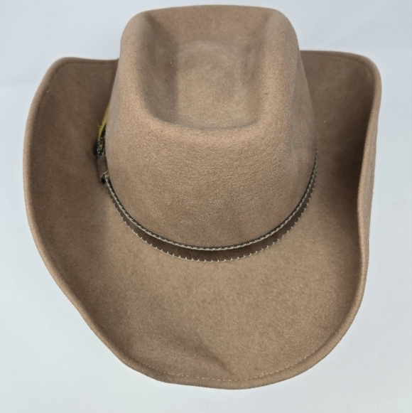 VINTAGE GEO. W BOLLMAN TAN WOOL COWBOY HAT LEATHER FEATHERS WESTERN WOMEN OS 80s - Picture 3 of 15